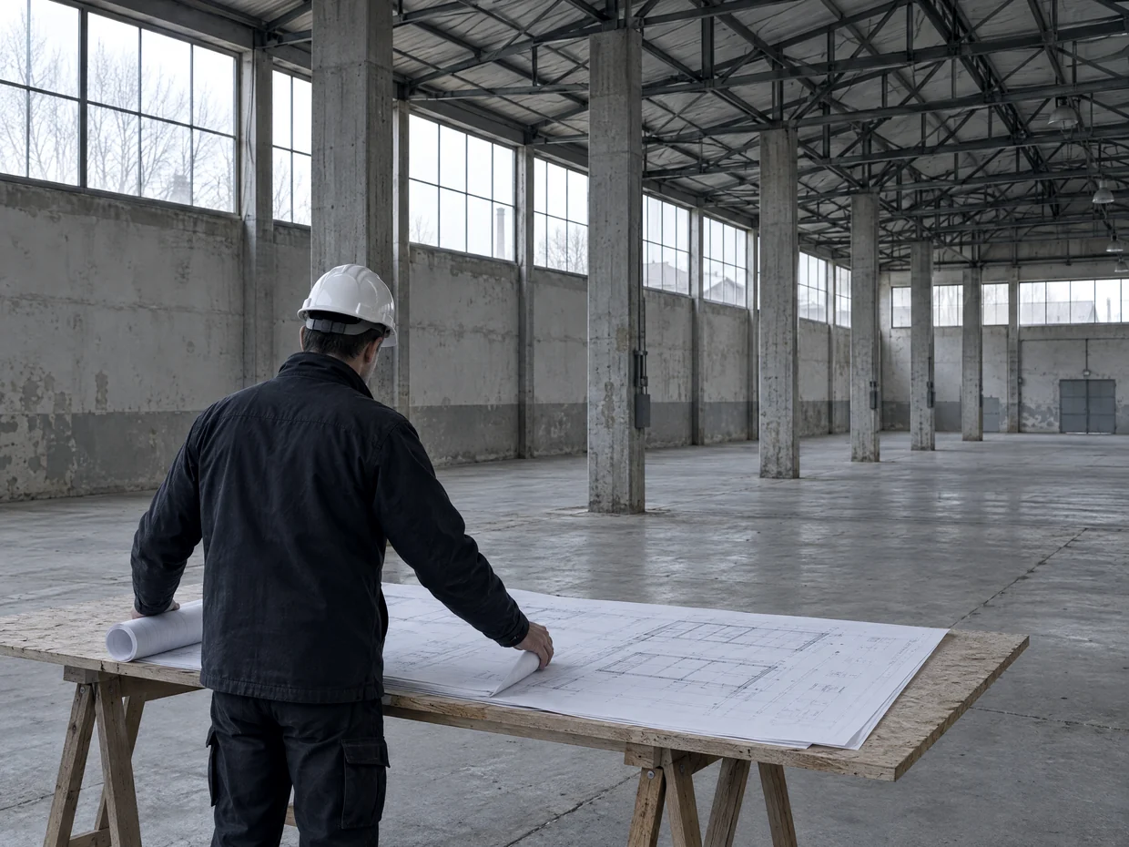 Ingenieur prüft Bestandspläne in einer leerstehenden Halle
